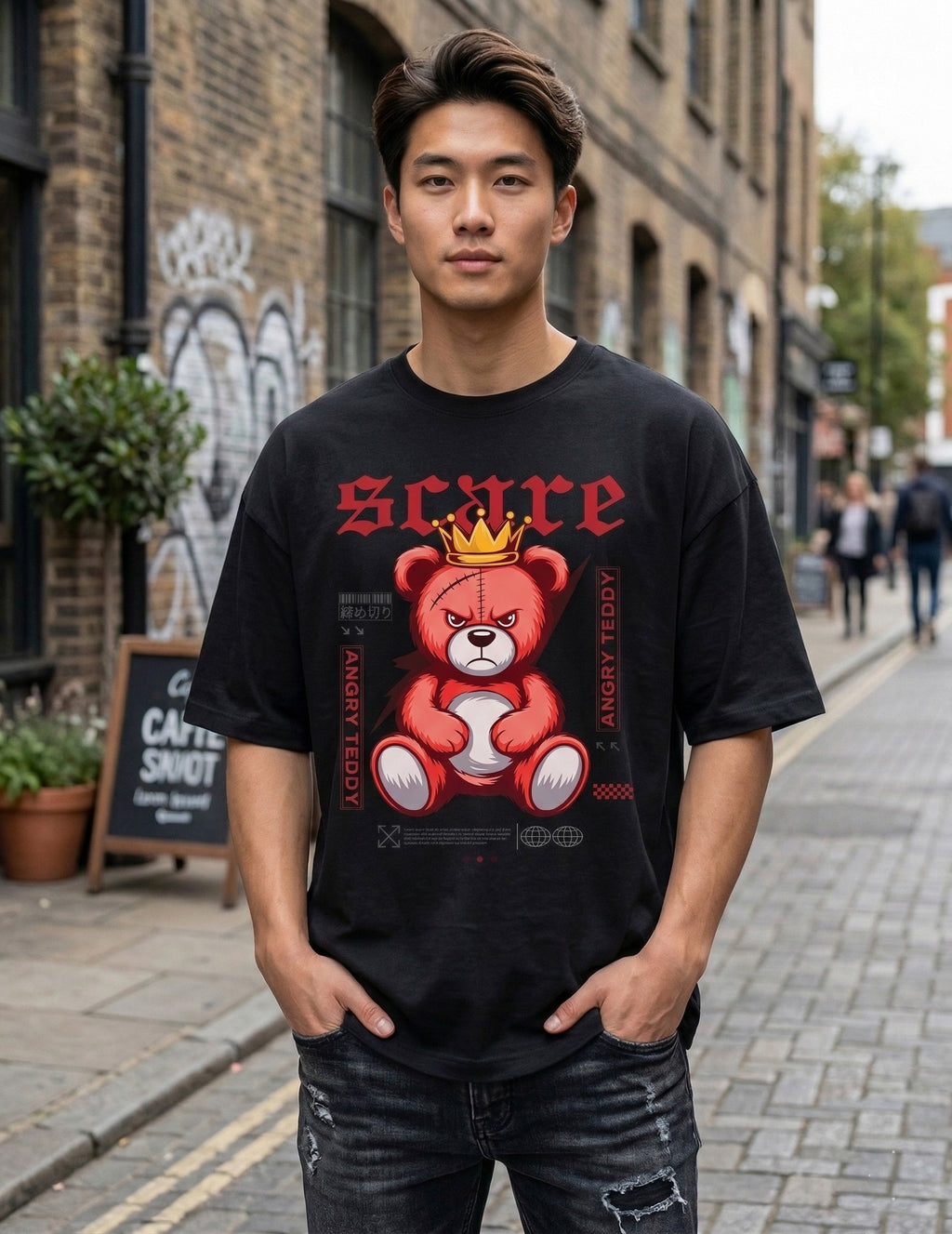 Angry Teddy Bear Graphic Oversized T-Shirt – Black Streetwear Cotton Tee for Men & Women
