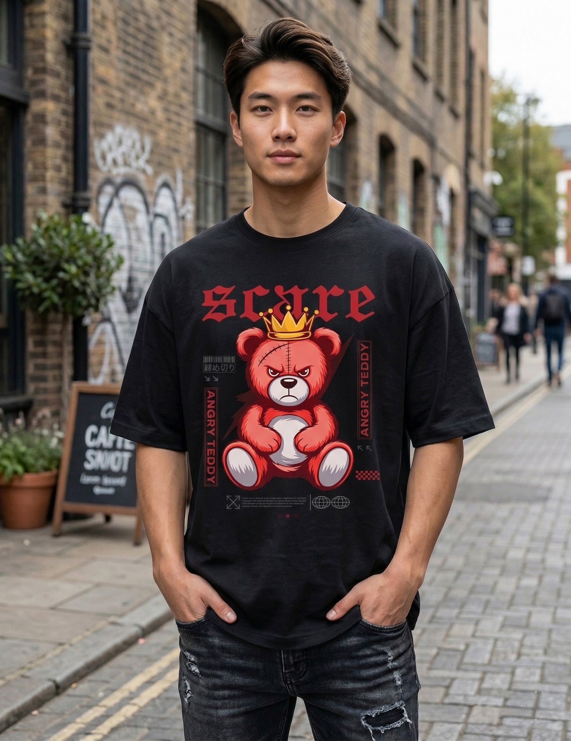 Angry Teddy Bear Graphic Oversized T-Shirt – Black Streetwear Cotton Tee for Men & Women