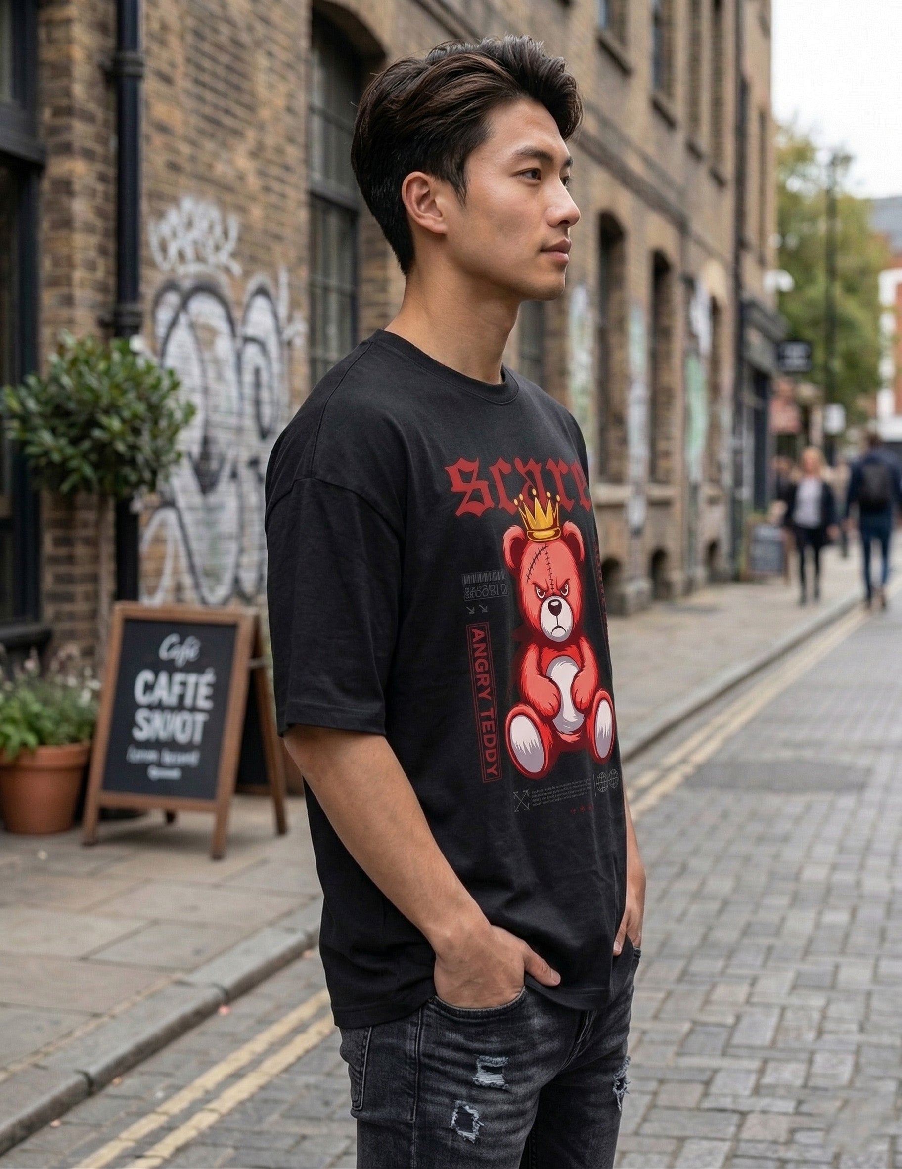 Angry Teddy Bear Graphic Oversized T-Shirt – Black Streetwear Cotton Tee for Men & Women